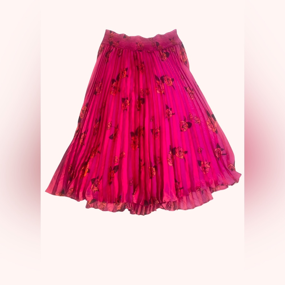 Large Banana Republic Floral Satin Pleated Midi Skirt Size Hot Pink, Flowy - Picture 3 of 13